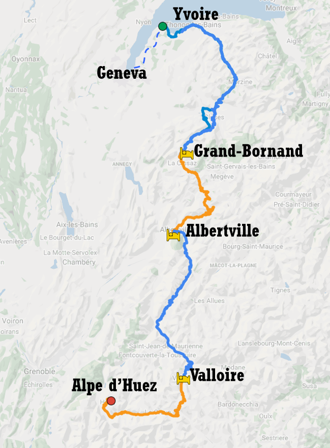 Itinéraire à vélo de Genève à l'Alpe d'Huez par les cols mythiques