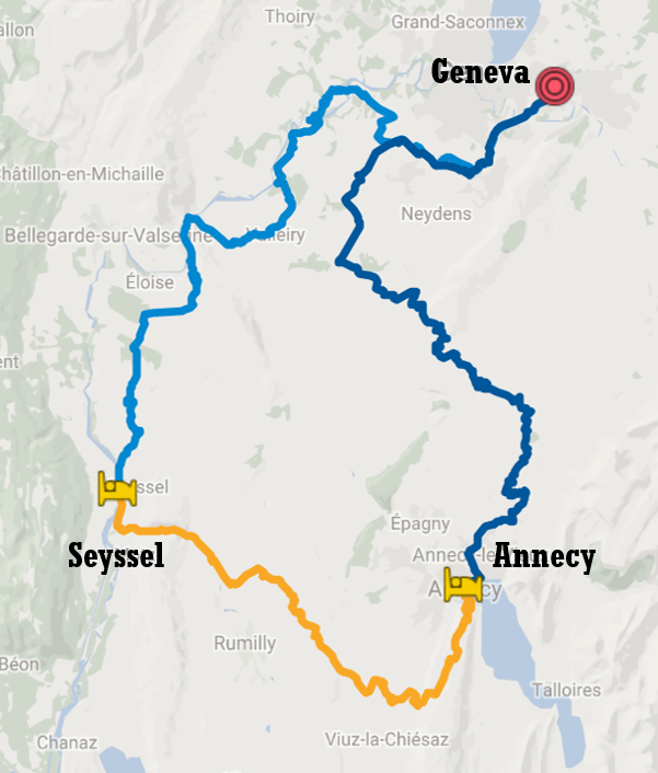 Itinerary map of a bike tour from Geneva and passing through Seyssel and Annecy