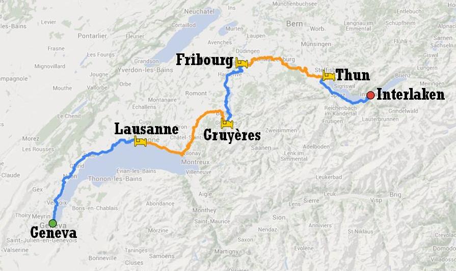 Itinerary of bike tour in Switzerland from Geneva to Interlaken