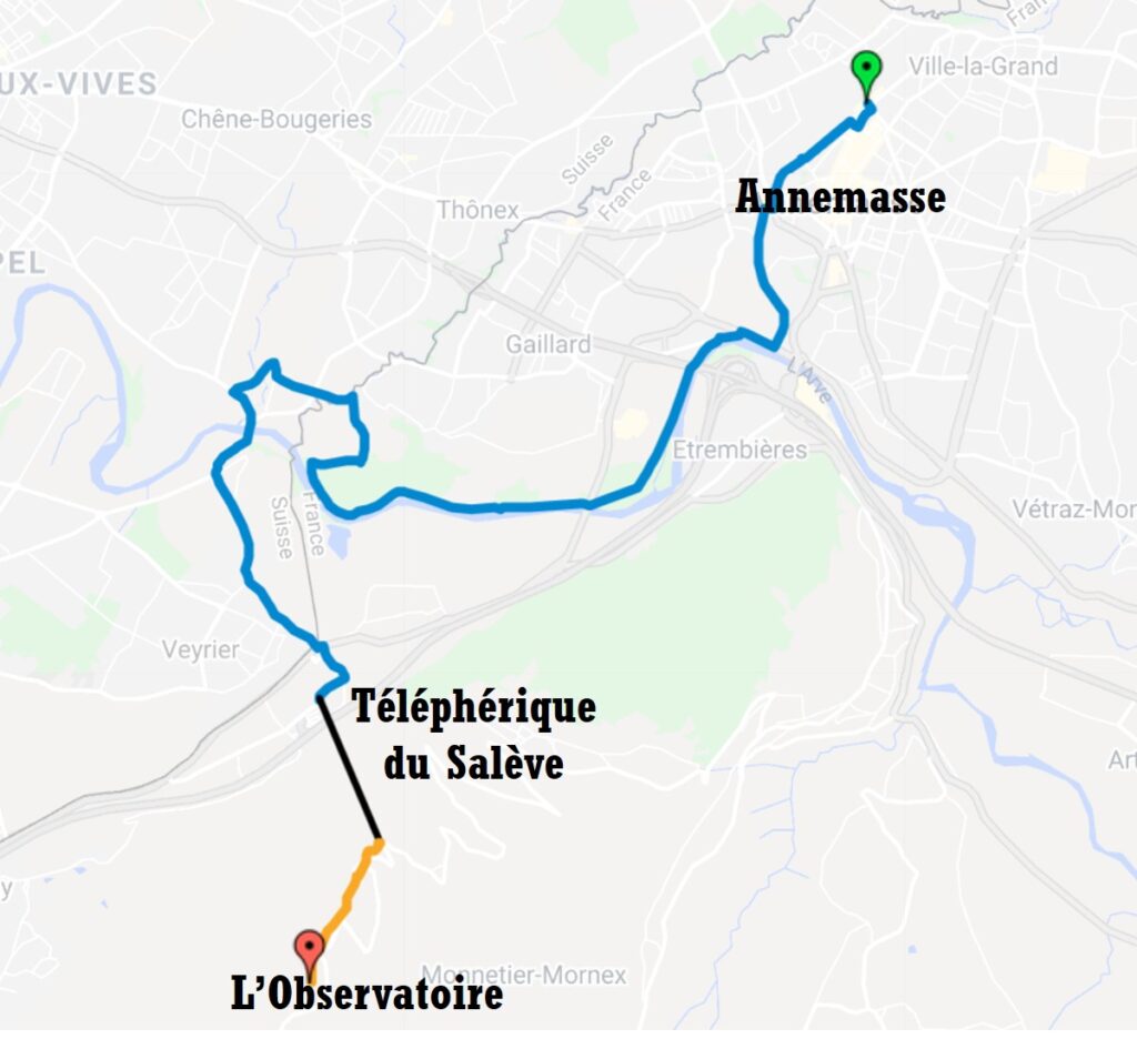 Itinerary of the cycling excursion to the Saleve mountain.