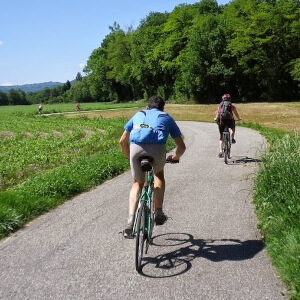 Riding hybrid bikes on our Three Lake Cycling tour between Geneva, Aix les Bains and Annecy